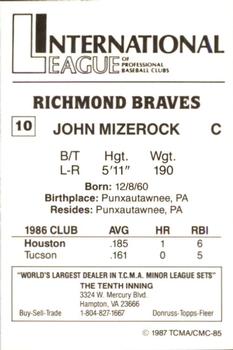 1987 TCMA Richmond Braves #10 John Mizerock Back