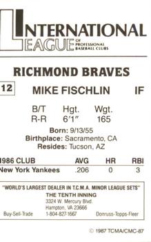 1987 TCMA Richmond Braves #12 Mike Fischlin Back