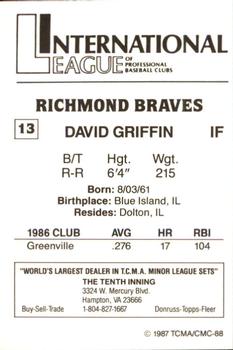 1987 TCMA Richmond Braves #13 David Griffin Back
