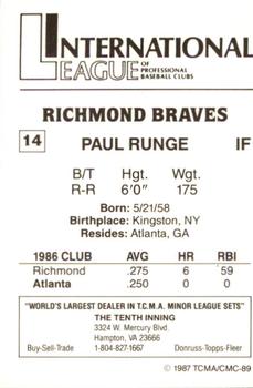 1987 TCMA Richmond Braves #14 Paul Runge Back