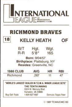 1987 TCMA Richmond Braves #18 Kelly Heath Back