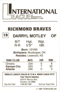 1987 TCMA Richmond Braves #19 Darryl Motley Back