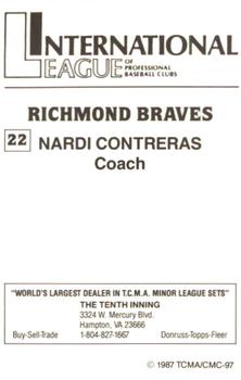 1987 TCMA Richmond Braves #22 Nardi Contreras Back