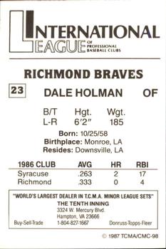 1987 TCMA Richmond Braves #23 Dale Holman Back