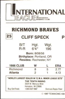 1987 TCMA Richmond Braves #25 Cliff Speck Back