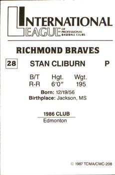 1987 TCMA Richmond Braves #28 Stan Cliburn Back