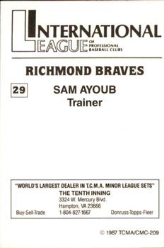 1987 TCMA Richmond Braves #29 Sam Ayoub Back