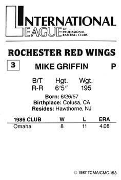 1987 TCMA Rochester Red Wings #3 Mike Griffin Back