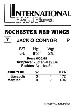 1987 TCMA Rochester Red Wings #7 Jack O'Connor Back