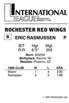 1987 TCMA Rochester Red Wings #8 Eric Rasmussen Back