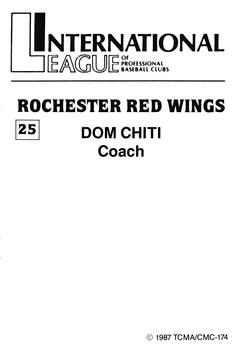 1987 TCMA Rochester Red Wings #25 Dom Chiti Back