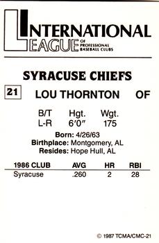 1987 TCMA Syracuse Chiefs #21 Lou Thornton Back