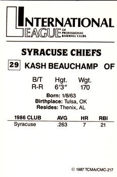1987 TCMA Syracuse Chiefs #29 Kash Beauchamp Back