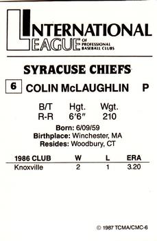 1987 TCMA Syracuse Chiefs #6 Colin McLaughlin Back