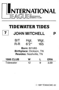 1987 TCMA Tidewater Tides #7 John Mitchell Back