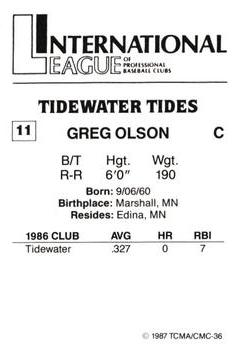 1987 TCMA Tidewater Tides #11 Greg Olson Back