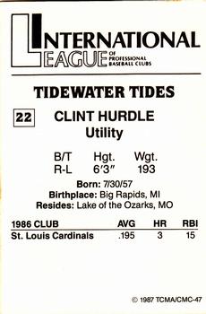1987 TCMA Tidewater Tides #22 Clint Hurdle Back