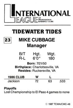 1987 TCMA Tidewater Tides #23 Mike Cubbage Back