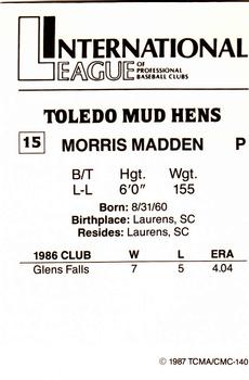 1987 TCMA Toledo Mud Hens #15 Morris Madden Back