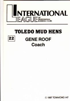 1987 TCMA Toledo Mud Hens #22 Gene Roof Back