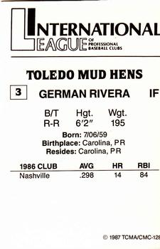 1987 TCMA Toledo Mud Hens #3 German Rivera Back