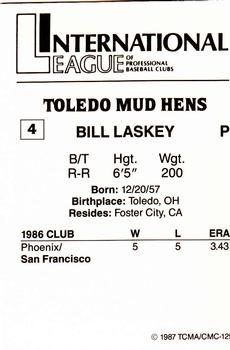 1987 TCMA Toledo Mud Hens #4 Bill Laskey Back