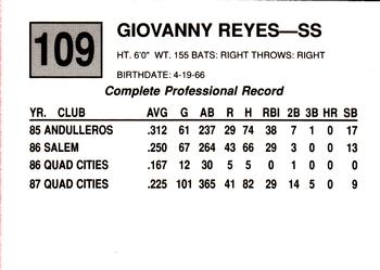 1988 Cal League #109 Giovanny Reyes Back