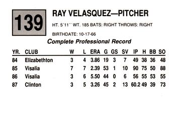 1988 Cal League #139 Ray Velasquez Back