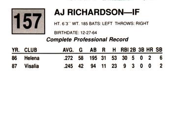 1988 Cal League #157 A.J. Richardson Back