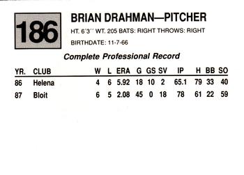 1988 Cal League #186 Brian Drahman Back