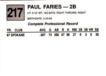 1988 Cal League #217 Paul Faries Back