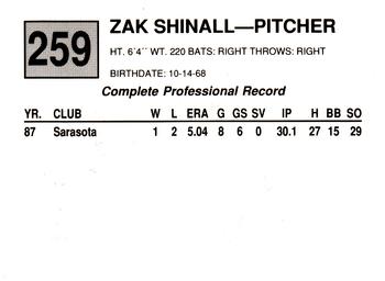 1988 Cal League #259 Zak Shinall Back