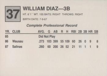 1988 Cal League #37 William Diaz Back