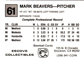 1988 Cal League #61 Mark Beavers Back