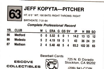 1988 Cal League #63 Jeff Kopyta Back