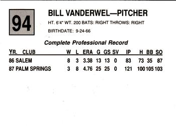1988 Cal League #94 Bill Vanderwel Back