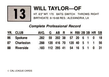 1989 Cal League #13 Will Taylor Back