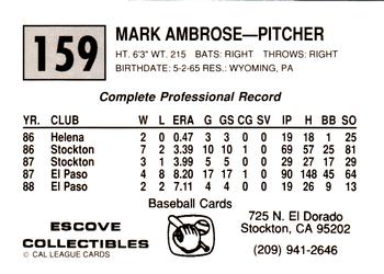 1989 Cal League #159 Mark Ambrose Back