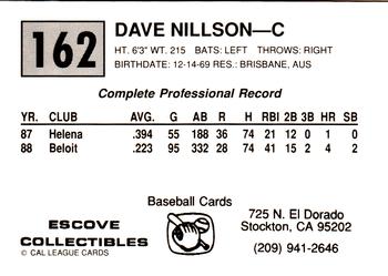 1989 Cal League #162 Dave Nilsson Back