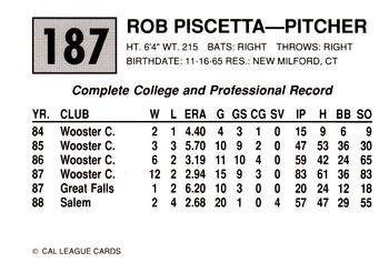 1989 Cal League #187 Rob Piscetta Back