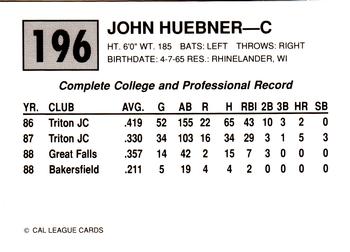 1989 Cal League #196 John Huebner Back