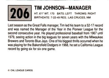 1989 Cal League #206 Tim Johnson Back