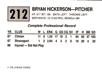 1989 Cal League #212 Bryan Hickerson Back