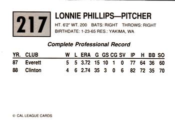 1989 Cal League #217 Lonnie Phillips Back
