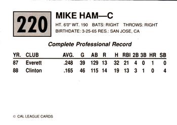 1989 Cal League #220 Mike Ham Back