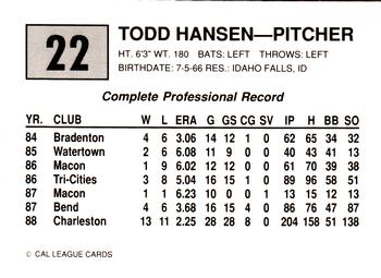 1989 Cal League #22 Todd Hansen Back