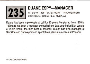 1989 Cal League #235 Duane Espy Back