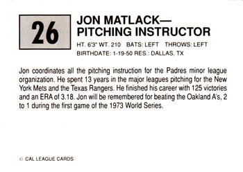 1989 Cal League #26 Jon Matlack Back