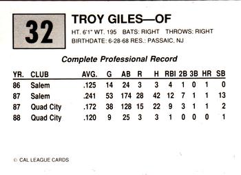 1989 Cal League #32 Troy Giles Back