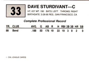1989 Cal League #33 Dave Sturdivant Back
